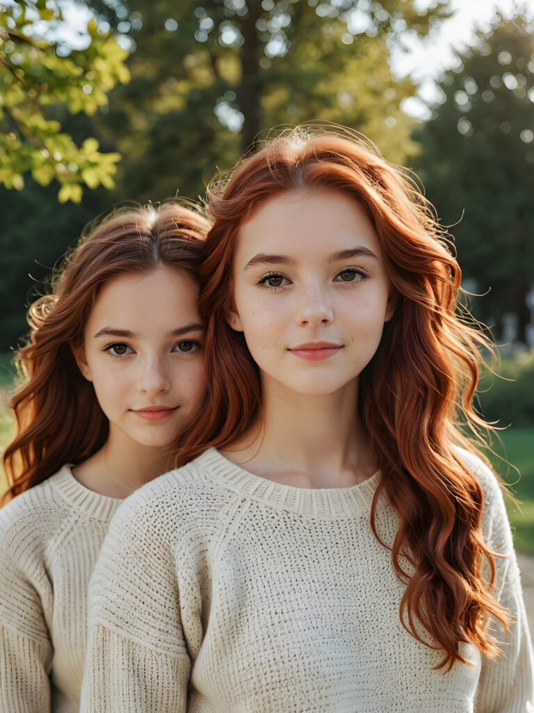 ((cute)) ((female model)) ((stunning)) ((portrait shot)) two very pretty young teen twin girls, 14 years old, wears a short sweater made with fine wool, long soft wavy red hair