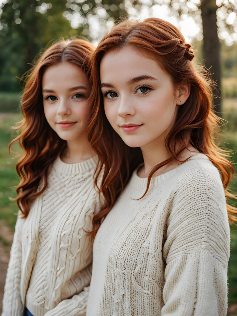 ((cute)) ((female model)) ((stunning)) ((portrait shot)) two very pretty young teen twin girls, 14 years old, wears a short sweater made with fine wool, long soft wavy red hair