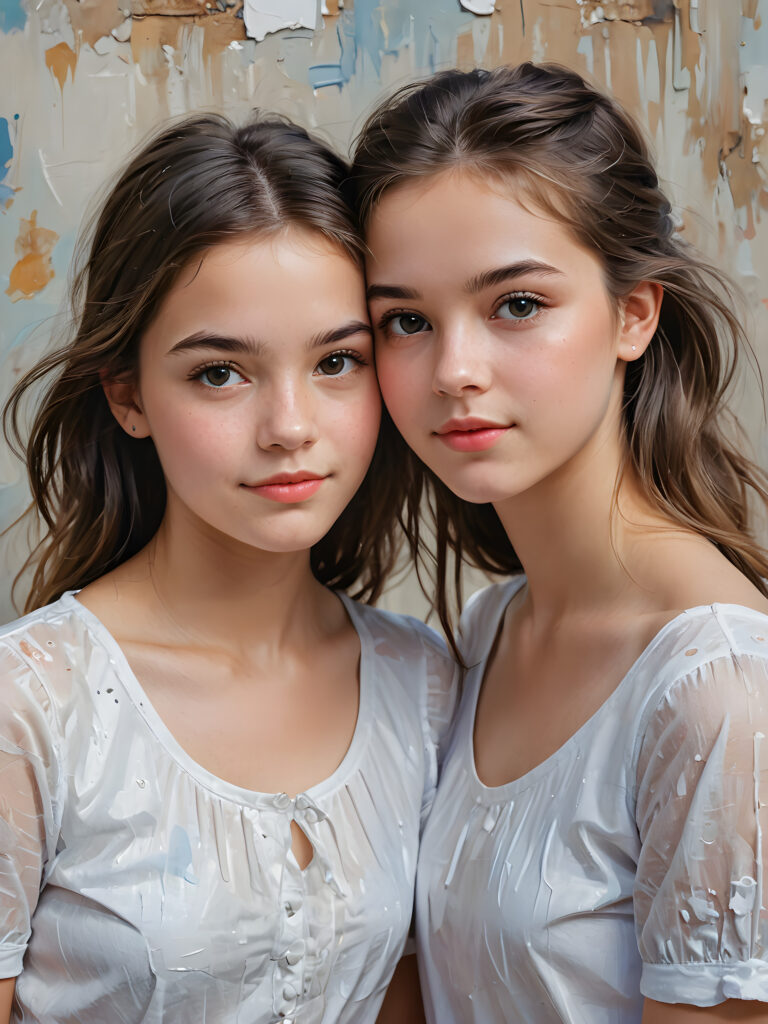 ((cute)) ((female model)) ((stunning)) ((portrait shot)) two very pretty young twin teen girls, 15 years old