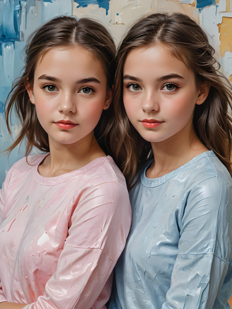 ((cute)) ((female model)) ((stunning)) ((portrait shot)) two very pretty young twin teen girls, 15 years old