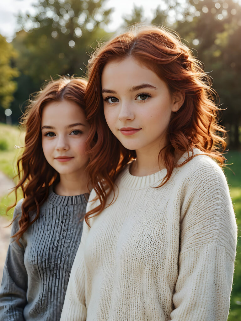 ((cute)) ((female model)) ((stunning)) ((portrait shot)) two very pretty young teen twin girls, 14 years old, wears a short sweater made with fine wool, long soft wavy red hair