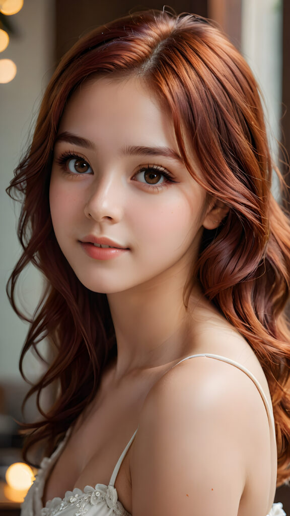 (((cute))) (((gorgeous))) ((stunning)) ((female model)) (upper body), (side view), (best quality, masterpiece), deep shadow, depth of field, photo with beautiful saturation, ultra high resolution, cute 16 years old teen girl, detailed red hair, perfect curved body, ultra realistic face, realistic eyes, looking at viewer, warm smile