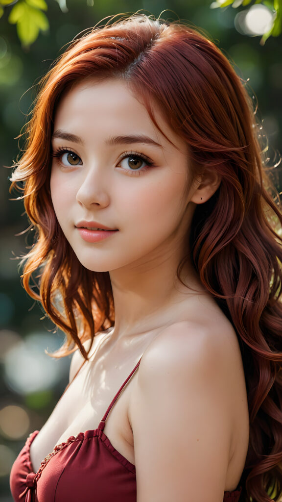 (((cute))) (((gorgeous))) ((stunning)) ((female model)) (upper body), (side view), (best quality, masterpiece), deep shadow, depth of field, photo with beautiful saturation, ultra high resolution, cute 16 years old teen girl, detailed red hair, perfect curved body, ultra realistic face, realistic eyes, looking at viewer, warm smile