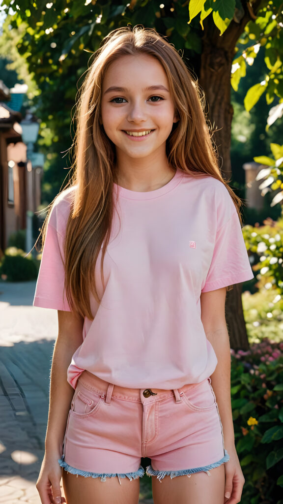 (((cute))) (((long, straight hazelnut hair))) ((stunning)) a ((beautiful)) (gorgeous) 16 year old girl. ((perfect body)) ((perfect face)), ((wears a pink oversized T-Shirt and loose fitting jean shorts)) ((smiling)) ((sunny))