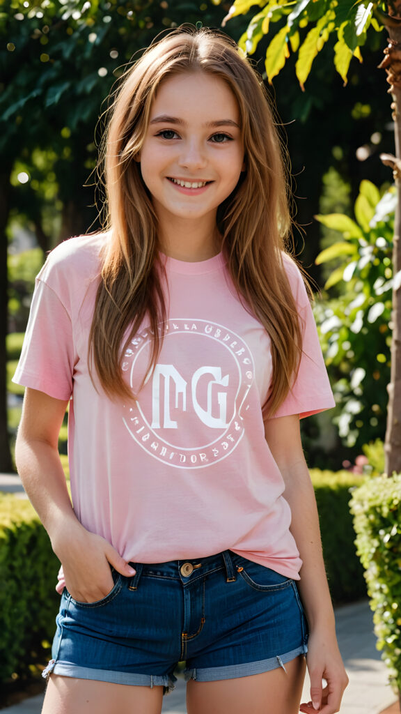 (((cute))) (((long, straight hazelnut hair))) ((stunning)) a ((beautiful)) (gorgeous) 16 year old girl. ((perfect body)) ((perfect face)), ((wears a pink oversized T-Shirt and loose fitting jean shorts)) ((smiling)) ((sunny))