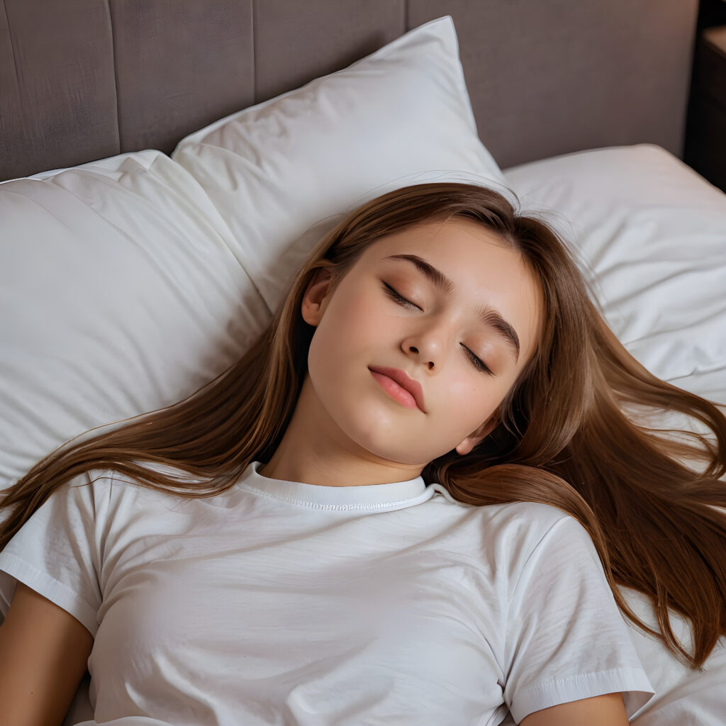 (((cute))) (((long, straight hazelnut hair))) ((stunning)) a (((professional night photograph))) sleeping in a confortable bed, closed eyes, ((teen girl)), 15 years old, bangs cut, realistic detailed angelic round face, ((realistic detailed)), (wears a super short tight (white t-shirt) made on thin silk)