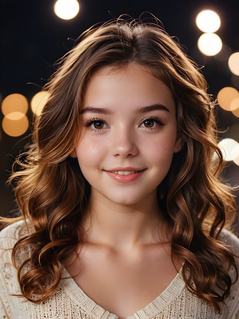 cute young teenage girl, her amber hair flows in dark brown waves, her lips are full, and she has a sweet smile, her skin is pure, and her eyes sparkle