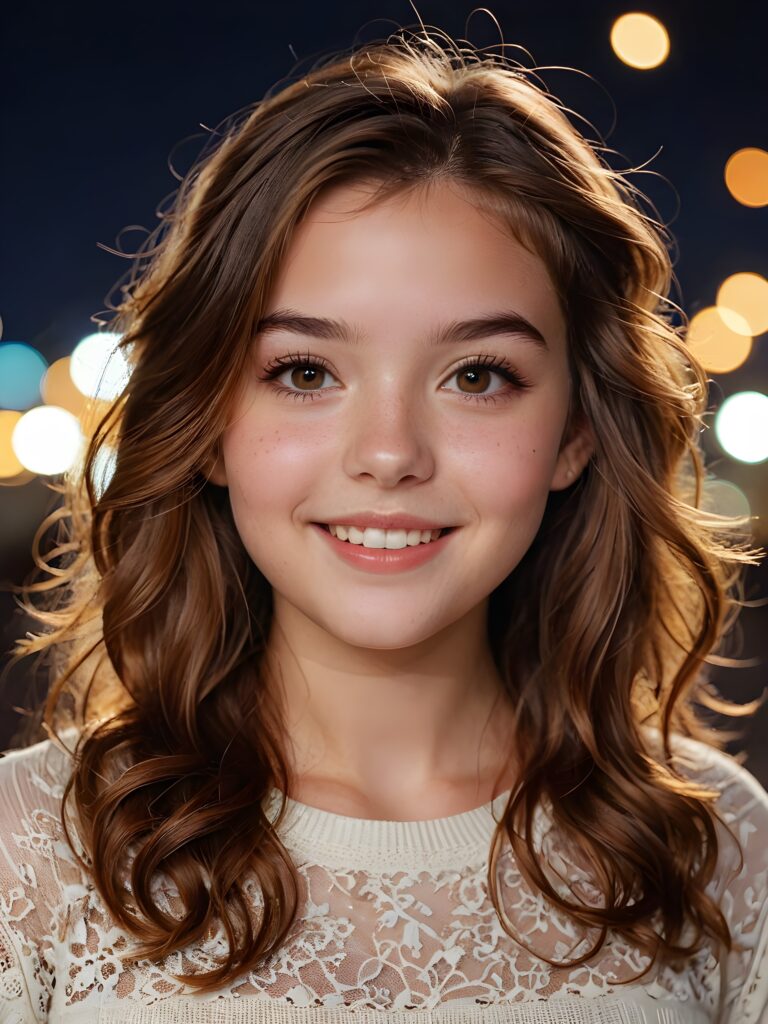 cute young teenage girl, her amber hair flows in dark brown waves, her lips are full, and she has a sweet smile, her skin is pure, and her eyes sparkle