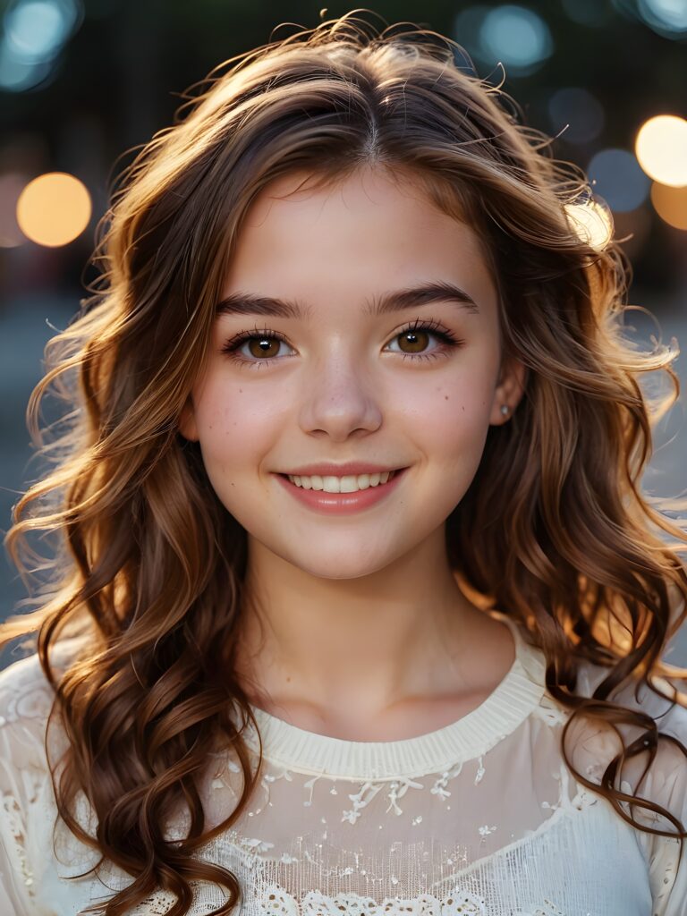 cute young teenage girl, her amber hair flows in dark brown waves, her lips are full, and she has a sweet smile, her skin is pure, and her eyes sparkle