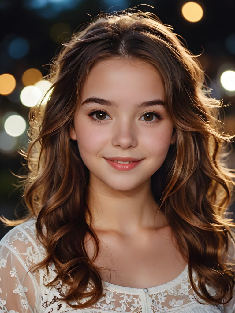 cute young teenage girl, her amber hair flows in dark brown waves, her lips are full, and she has a sweet smile, her skin is pure, and her eyes sparkle