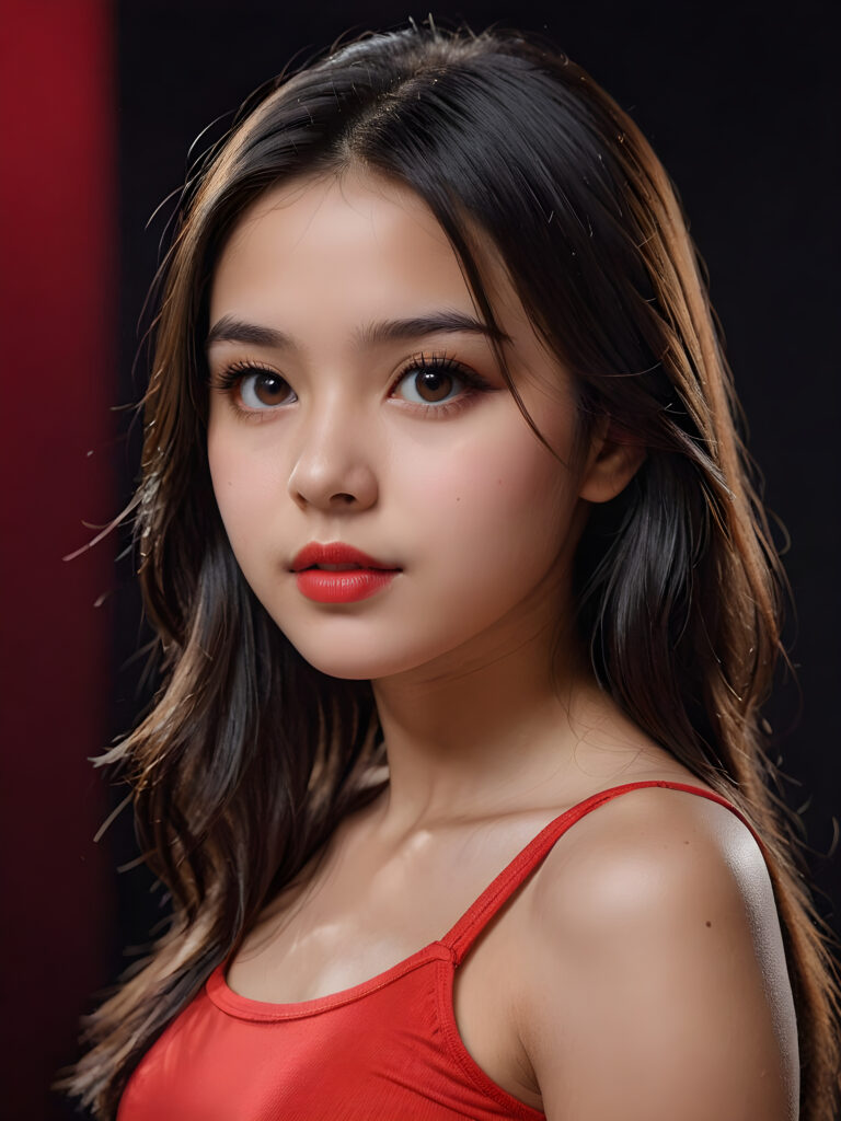 detailed, realistic upper body portrait: a 17 years teen girl with long soft black straight hair, black eyes, red bright full kissable lips, wearing a red mini crop top, side view, dark backdrop