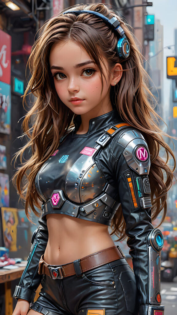 ((detailed)) a young girl in cyber punk style, she has long brown hair, full body shot