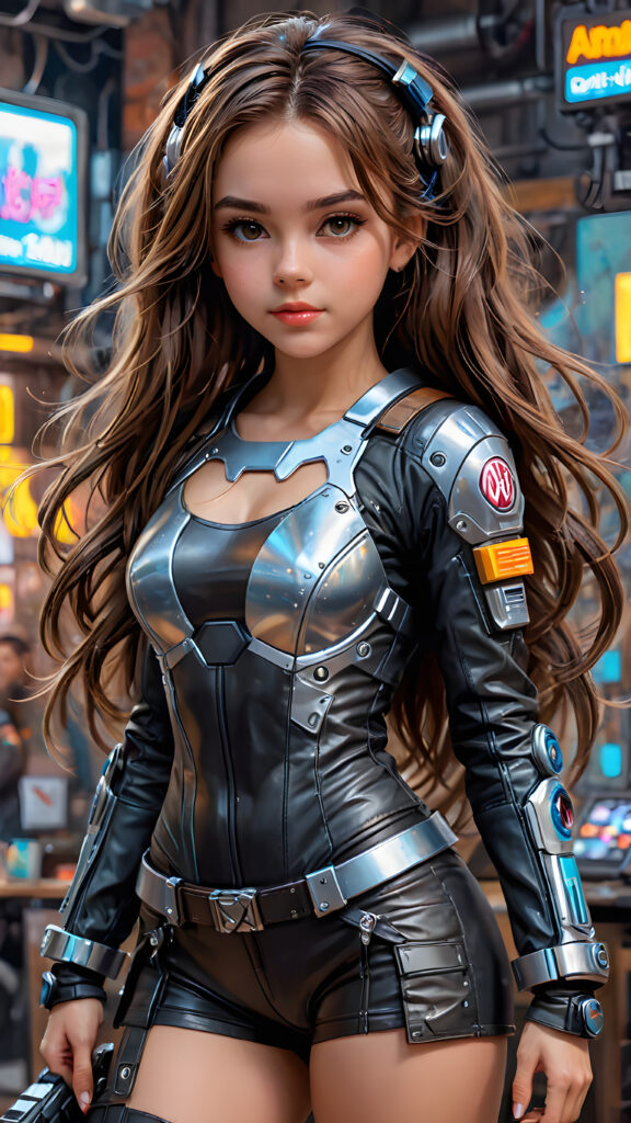 ((detailed)) a young girl in cyber punk style, she has long brown hair, full body shot