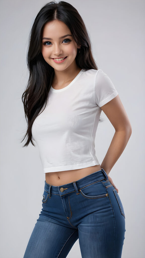 detailed an realistic photo from a girl with ((long, straight black hair)) and ((dark, realistically beautiful eyes)), dressed in a ((blue short tight jeans)) and a ((white, short, plain cropped tight t-shirt, you can see her navel)), with a ((realistically beautiful smile)) that fills the whole scene with a (cinematic, high-resolution, 4K rendering), white backdrop