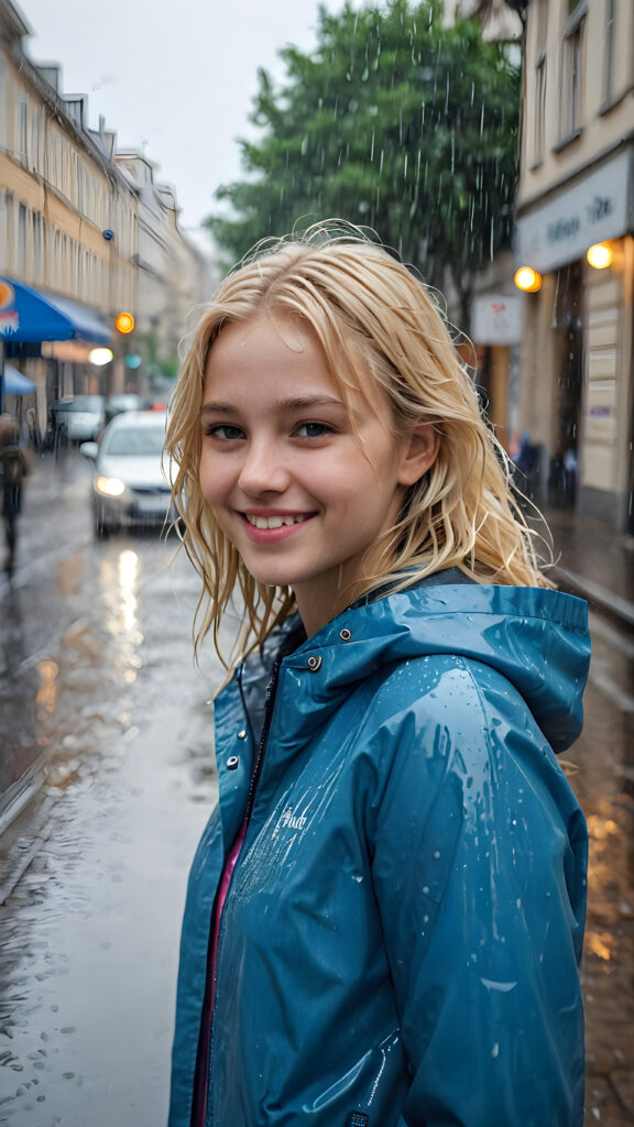 ((detailed and realistic photo)) a young girl is alone in the heavy rain, in an city. She wears a blue thin rain jacket and has blond wet hair. She is smiling slightly.