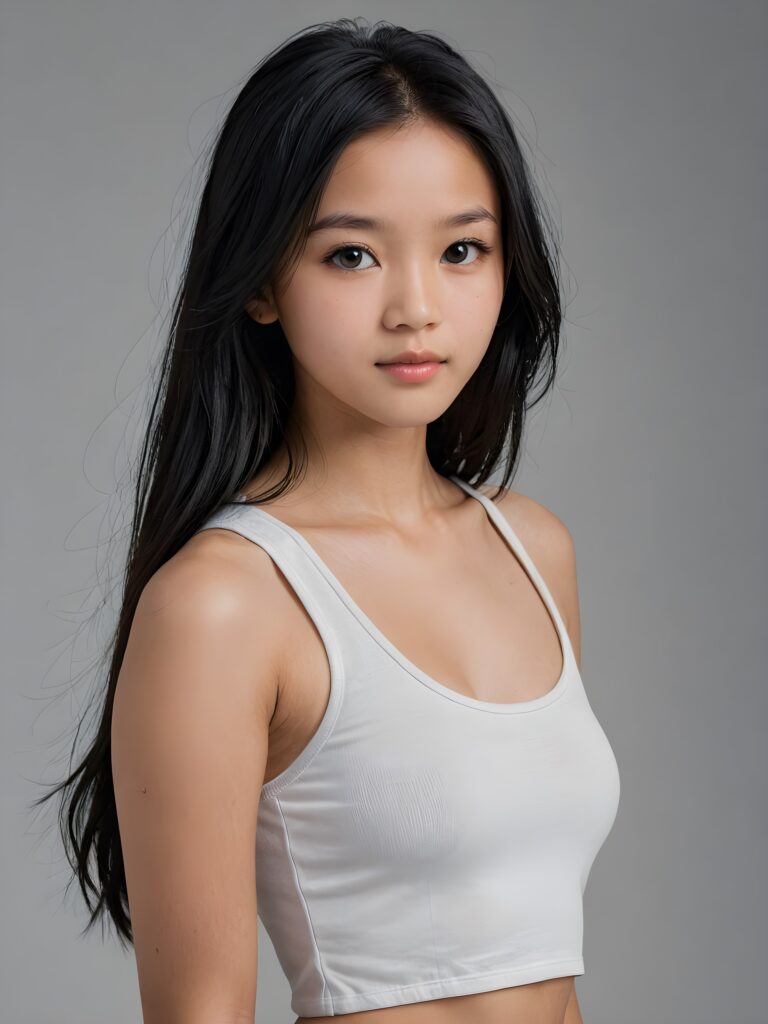 detailed and realistic portrait: an Asian teen girl, 15 years old, (((long, straight obsidian black hair))), beautifully realistic, realistic detailed angelic round face, looks at the camera, perfect curved body, (wears a super short tight (white crop tank top), perfect anatomy, side perspective, ((grey background))