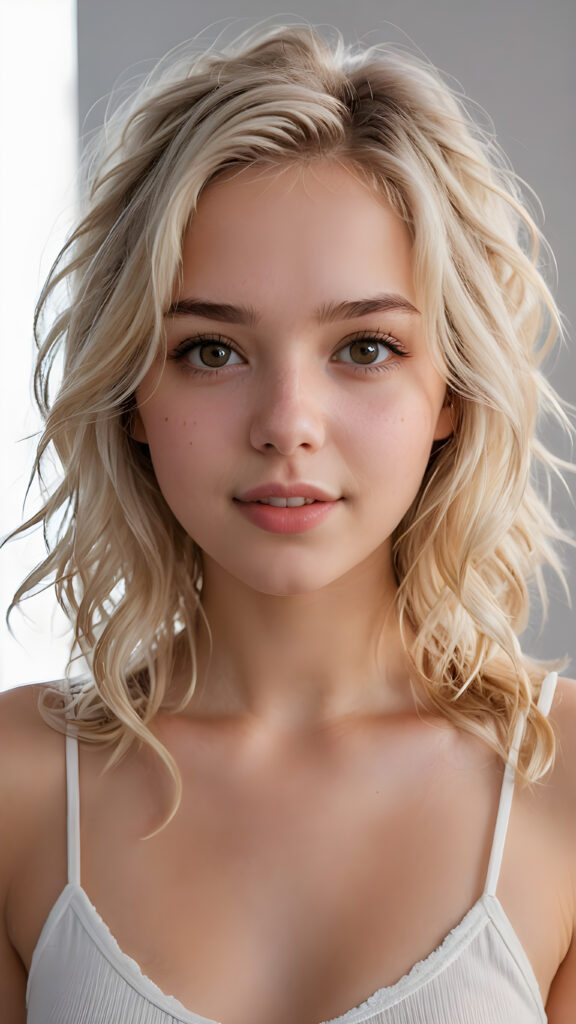 detailed and realistic photo: a beautiful, breathtaking teenage girl with soft platinum blond wavy messy hair looks at the viewer in amazement. The hair reaches down to the shoulders and is cut straight. She has a round face, smooth, white skin and full, plump lips. Her mouth is slightly open with white teeth. The picture is bathed in warm light and creates perfect shadows. She wears a thin, tight-fitting tank top that emphasizes her wonderful body. Her beautiful brown eyes reflect a little light. ((stunning)) ((gorgeous)) ((white background))