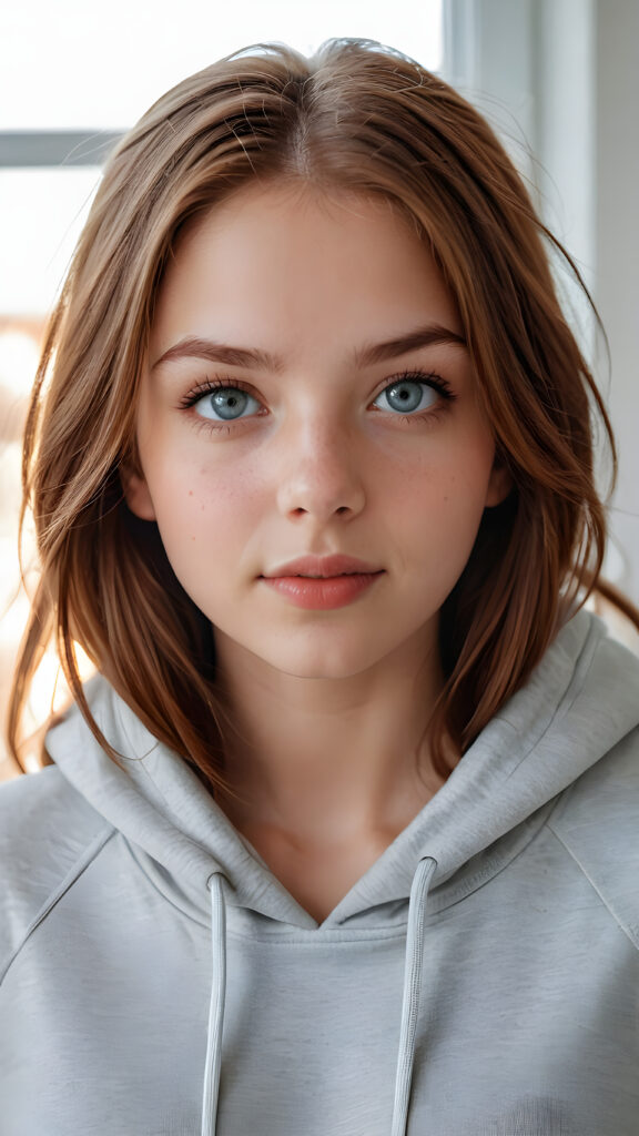 detailed and realistic photo: a beautiful, breathtaking teenage girl, 13 years old, with soft auburn straight hair and (light blue eyes)) looks at the viewer in amazement. The hair reaches down to the shoulders and is cut straight. She has a round face, smooth, white skin and full red lips. Her mouth is slightly open with white teeth. The picture is bathed in warm light and creates perfect shadows. She wears a ((thin, tight-fitting grey hoodie)) that emphasizes her wonderful body. Her beautiful brown eyes reflect a little light. ((stunning)) ((gorgeous)) ((white background))