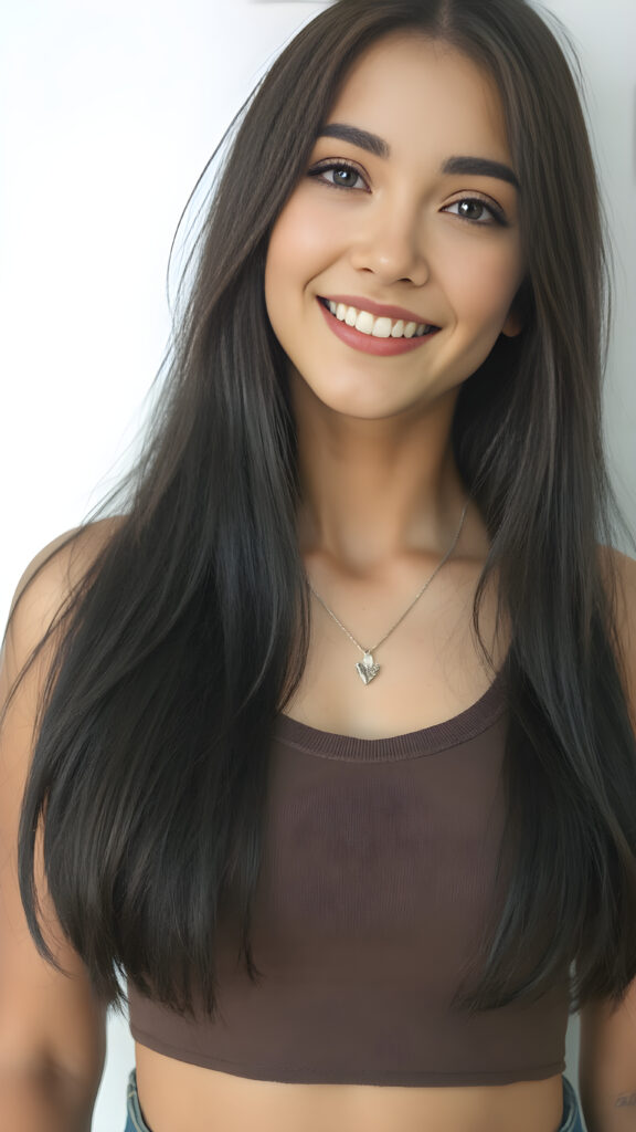 detailed and realistic portrait, upper body, warm tones, cute well busty girl, stunning, gorgeous, she smile very happy and has long, straight soft obsidian black hair, cropped tank top, deep v-neck, wide open front, white backdrop, round face