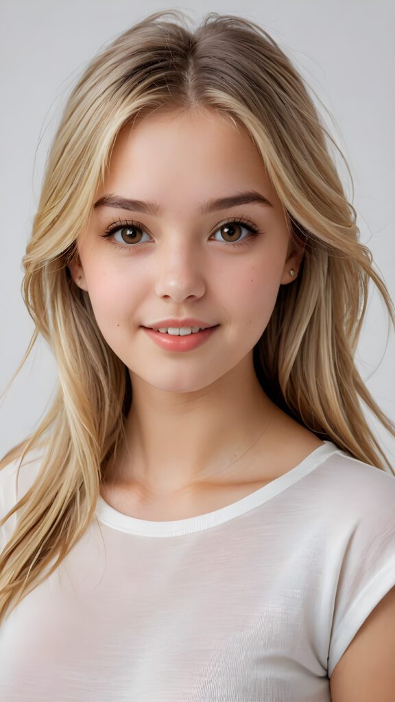 detailed and realistic photo: a beautiful, breathtaking teenage girl with soft blond straight hair looks at the viewer in amazement. The hair reaches down to the shoulders and is cut straight. She has a round face, smooth, white skin and full, plump lips. Her mouth is slightly open with white teeth. The picture is bathed in warm light and creates perfect shadows. She wears a thin, tight-fitting t-shirt that emphasizes her wonderful body. Her beautiful brown eyes reflect a little light. ((stunning)) ((gorgeous)) ((white background)).