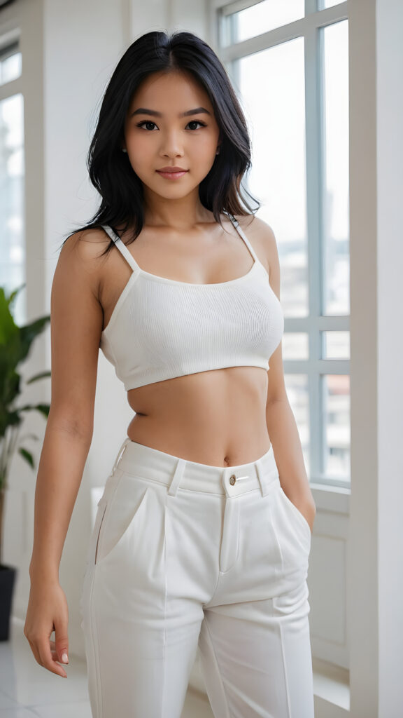 detailed and realistic photo from a cute young busty Filipino girl with long jet black hair, accentuating her (((navel))) with a (white cropped spaghetti tank top) made of fine wool, ((wide, baggy white pants, cut to frame her shape))