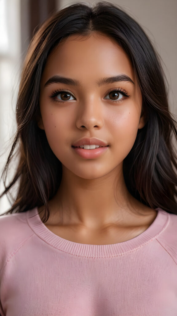 detailed and realistic photo: a beautiful, breathtaking brown-skinned teenage girl with silky smooth obsidian soft black straight hair looks at the viewer in amazement. She has a round face, smooth, white skin and full, plump lips. Her mouth is slightly open with white teeth. The picture is bathed in warm light and creates perfect shadows. She wears a thin, tight-fitting pink sweater that emphasizes her wonderful body. Her beautiful brown eyes reflect a little light. ((stunning)) ((gorgeous))