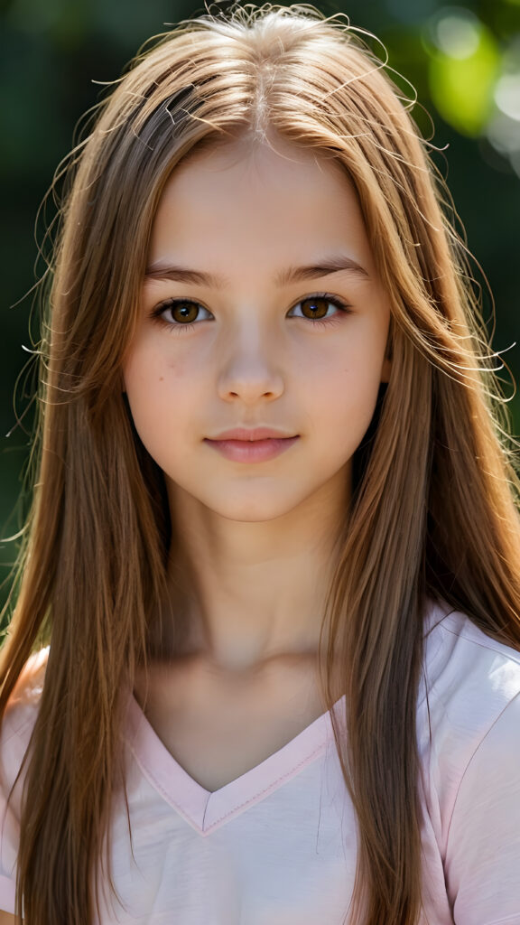 detailed and realistic close-up portrait: a (((beautiful petite teen girl, 13 years old with (long straight soft detailed amber hair, side swept style with wispy layers) and brown eyes))), looks seductively and smiles gently, who exudes a distinct (((sharpness))), coupled with (((pale skin))) and (((vividly full lips))) that curve into, dressed in a (((light pink plain t-shirt, deep v-neck)))