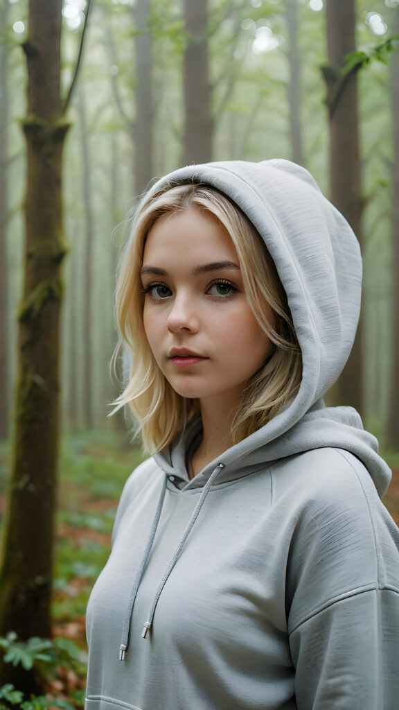 detailed and realistic pictures: a young blond girl in a big foggy forest, feel lonely, she wears a hoodie