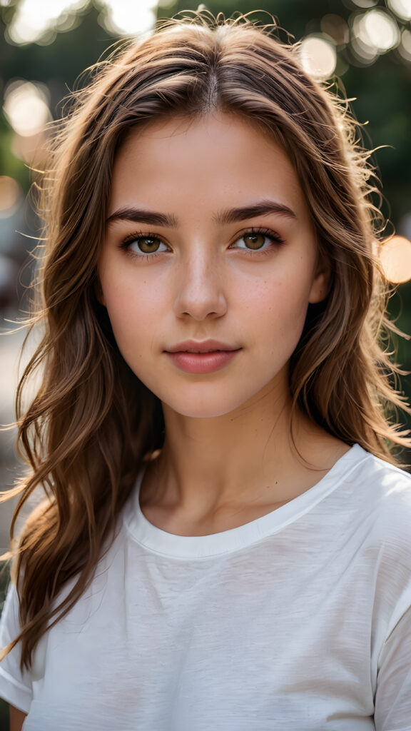 detailed and realistic photo from a young teen girl, soft brown hair, close up portrait, white t-shirt, ((gorgeous)) ((stunning))