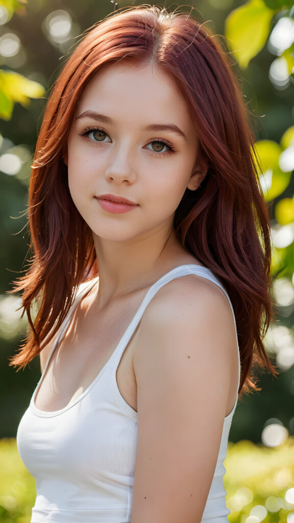 detailed and realistic close-up portrait: a (((beautiful teen girl with (straight burgundy hair with soft layers) and brown eyes))), looks seductively and smiles gently, who exudes a distinct (((sharpness))), coupled with (((pale skin))) and (((vividly full lips))) that curve into, dressed in a (((white crop tank top))), (sunny park in backdrop)