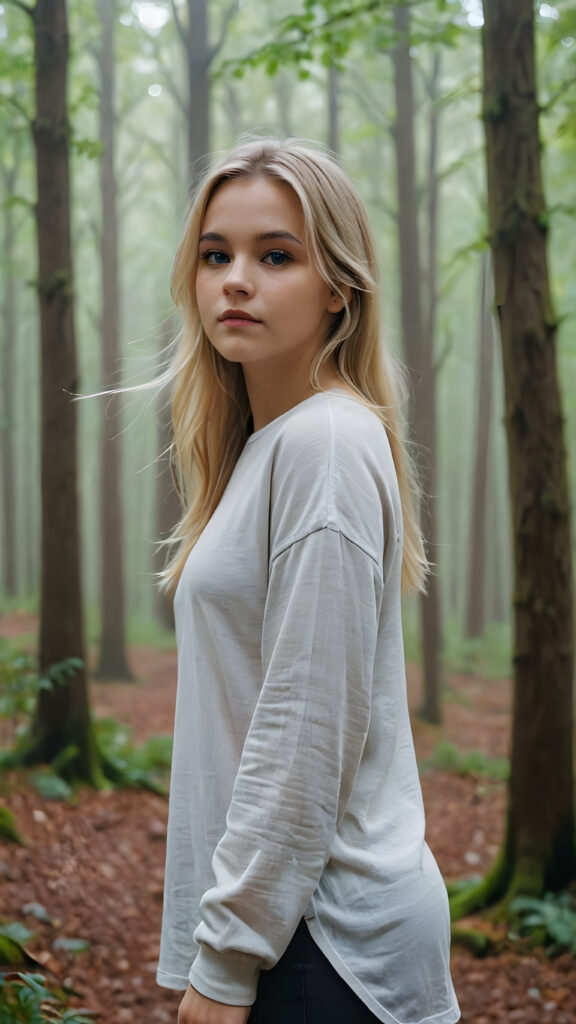 detailed and realistic pictures: a young blond teenage girl in a big foggy forest, feel lonely, she is poor dressed in a long plain t-shirt, perfect curved body, ((stunning)) ((gorgeous))