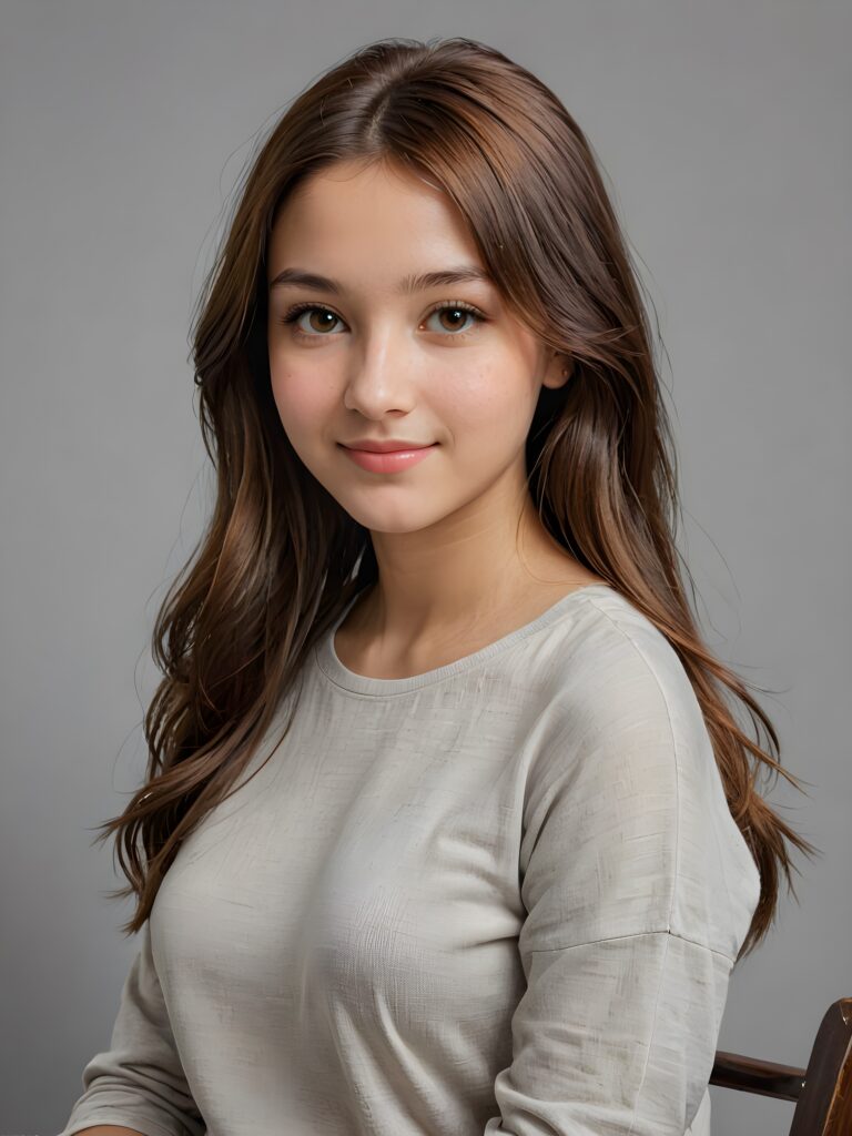 detailed and realistic portrait: a breathtakingly realistic, capturing the essence of a youthful teen girl ((looks like Mona Lisa)), with a flawlessly proportioned upper body, long, sleek straight soft mahogany brown hair, bangs cut, aged 15, wears a thin white t-shirt, warm smile, ((sitting, side view)) ((grey backdrop))