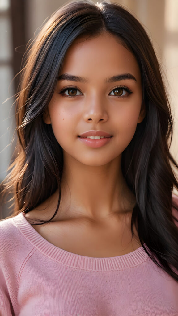 detailed and realistic photo: a beautiful, breathtaking brown-skinned teenage girl with silky smooth obsidian soft black straight hair looks at the viewer in amazement. She has a round face, smooth, white skin and full, plump lips. Her mouth is slightly open with white teeth. The picture is bathed in warm light and creates perfect shadows. She wears a thin, tight-fitting pink sweater that emphasizes her wonderful body. Her beautiful brown eyes reflect a little light. ((stunning)) ((gorgeous))