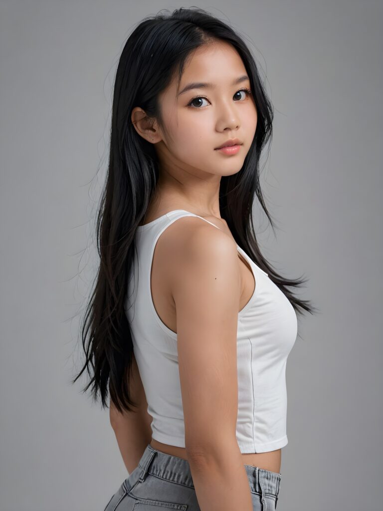 detailed and realistic portrait: an Asian teen girl, 15 years old, (((long, straight obsidian black hair))), beautifully realistic, realistic detailed angelic round face, looks at the camera, perfect curved body, (wears a super short tight (white crop tank top), perfect anatomy, side perspective, ((grey background))