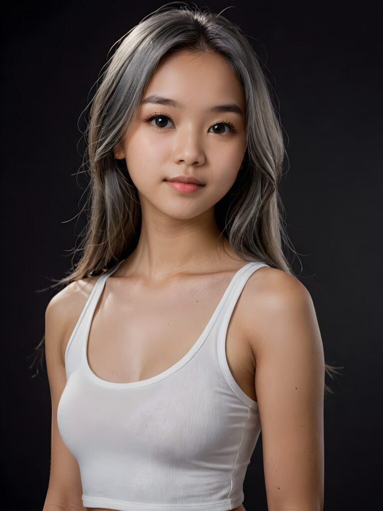 detailed and realistic portrait: an Asian teen girl, 15 years old, (((long, straight ash grey hair))), beautifully realistic, realistic detailed angelic round face, looks at the camera, perfect curved body, (wears a super short tight (white crop tank top), perfect anatomy, side perspective, ((dark background))