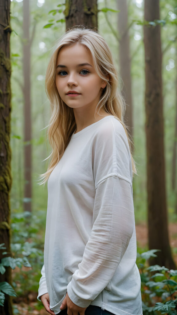 detailed and realistic pictures: a young blond teenage girl in a big foggy forest, feel lonely, she is poor dressed in a long plain t-shirt, perfect curved body, ((stunning)) ((gorgeous))