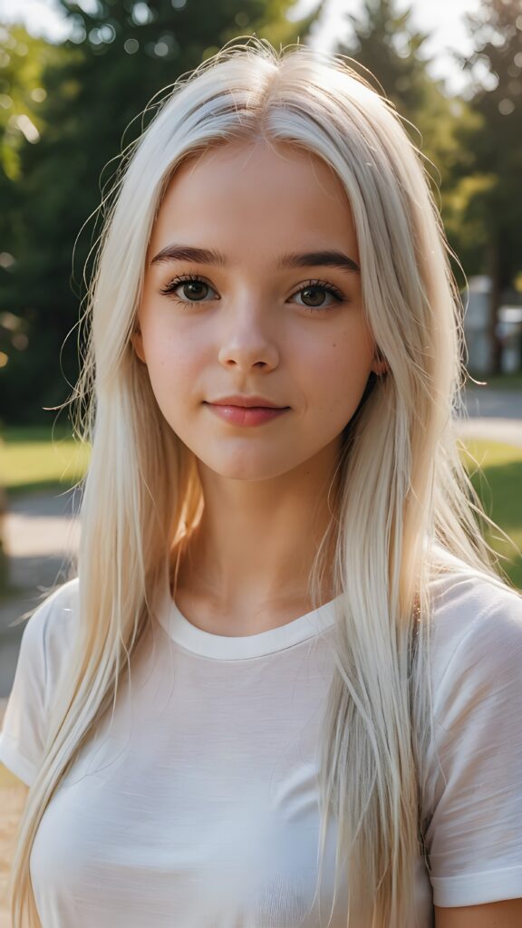 detailed and realistic photo from a young teenage girl, straight long jet soft white hair, natural backdrop