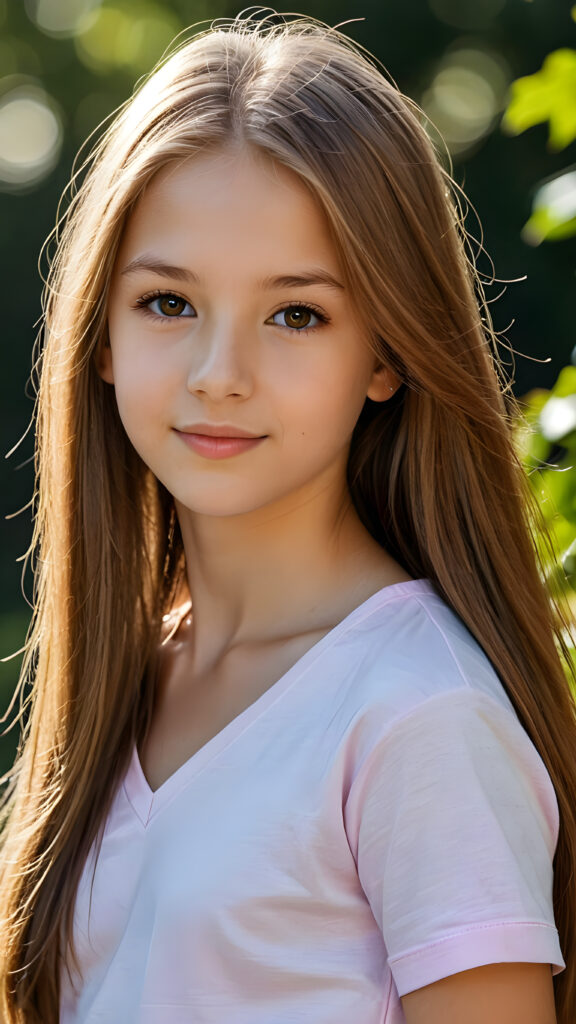 detailed and realistic close-up portrait: a (((beautiful petite teen girl, 13 years old with (long straight soft detailed amber hair, side swept style with wispy layers) and brown eyes))), looks seductively and smiles gently, who exudes a distinct (((sharpness))), coupled with (((pale skin))) and (((vividly full lips))) that curve into, dressed in a (((light pink plain t-shirt, deep v-neck)))