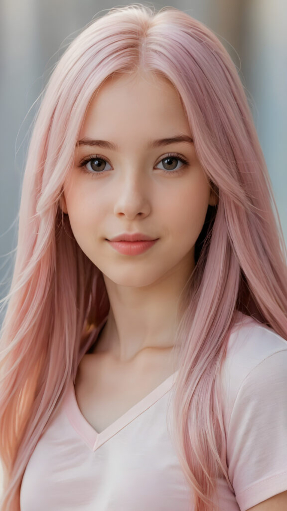 detailed and realistic close-up portrait: a (((beautiful petite teen girl, 13 years old with ((long straight soft detailed light pink hair)), side swept style with wispy layers) and brown eyes))), looks seductively and smiles gently, who exudes a distinct (((sharpness))), coupled with (((pale skin))) and (((vividly full lips))) that curve into, dressed in a (((light pink plain t-shirt, deep v-neck)))