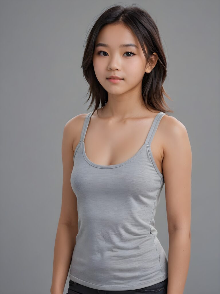 detailed and realistic portrait from a Asian teen girl, 14 years old, straight soft jet hair, realistic detailed angelic round face, perfect curved body, ((low cut tight (tank top))), perfect anatomy, side perspective, ((grey background))