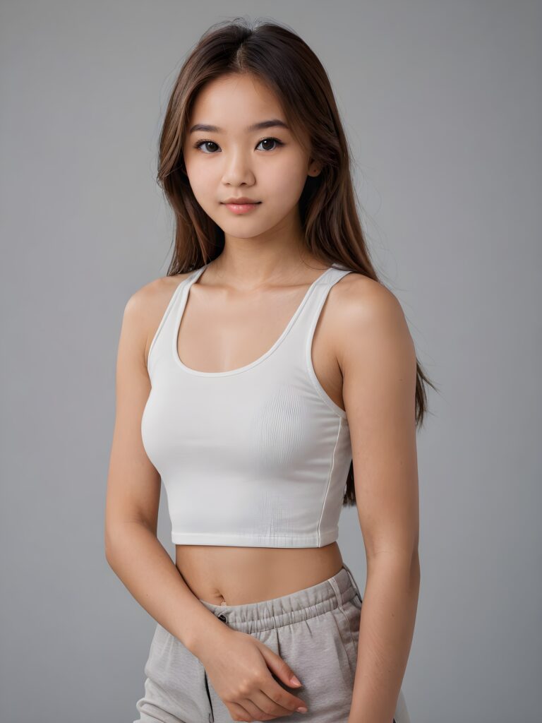 detailed and realistic portrait: an Asian teen girl, 15 years old, (((long, straight brown hair))), beautifully realistic, realistic detailed angelic round face, looks at the camera, perfect curved body, (wears a super short tight (white crop tank top), perfect anatomy, side perspective, ((grey background))