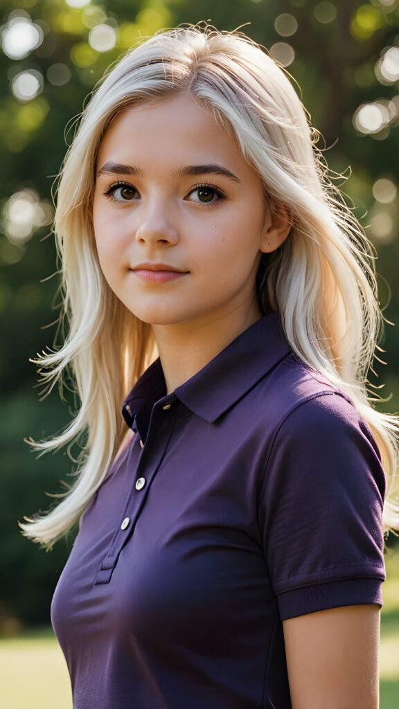 detailed and realistic photo from a young teenage girl in short-sleeved dark purple polo shirt, her high collar is fully buttoned up and the collar is firm around her neck, wearing jeans, straight long jet soft white hair, natural backdrop