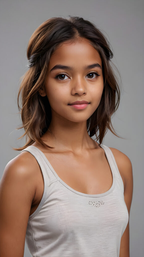 detailed and realistic 3D pictures: a ((brown-skinned cute teenage girl)), white short tank top, soft long hair, (grey background)