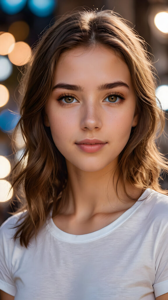 detailed and realistic photo from a young teen girl, soft brown hair, close up portrait, white t-shirt, ((gorgeous)) ((stunning))