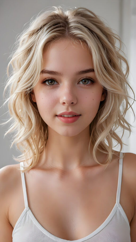 detailed and realistic photo: a beautiful, breathtaking teenage girl with soft platinum blond wavy messy hair looks at the viewer in amazement. The hair reaches down to the shoulders and is cut straight. She has a round face, smooth, white skin and full, plump lips. Her mouth is slightly open with white teeth. The picture is bathed in warm light and creates perfect shadows. She wears a thin, tight-fitting tank top that emphasizes her wonderful body. Her beautiful brown eyes reflect a little light. ((stunning)) ((gorgeous)) ((white background))