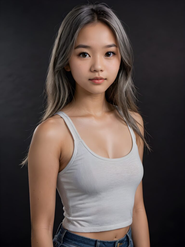 detailed and realistic portrait: an Asian teen girl, 15 years old, (((long, straight ash grey hair))), beautifully realistic, realistic detailed angelic round face, looks at the camera, perfect curved body, (wears a super short tight (white crop tank top), perfect anatomy, side perspective, ((dark background))