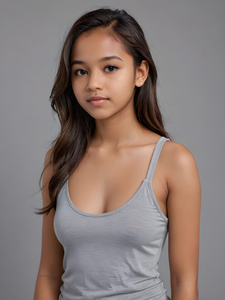 detailed and realistic portrait from a brown-skinned Exotic teen girl, 14 years old, long straight hair, realistic detailed angelic round face, perfect curved body, ((low cut tight (tank top))), perfect anatomy, side perspective, ((grey background))