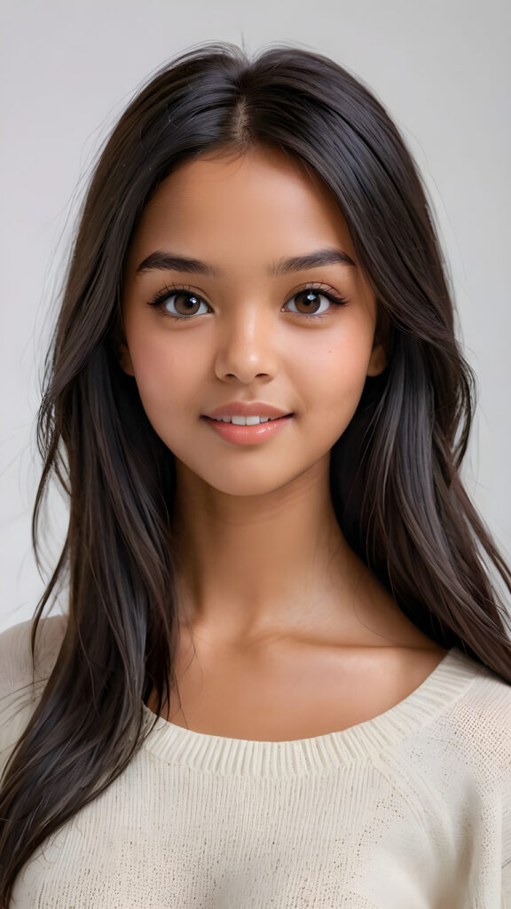 detailed and realistic photo: a beautiful, breathtaking brown-skinned teenage girl with silky smooth obsidian soft black straight hair looks at the viewer in amazement. The hair reaches down to the shoulders and is cut straight. She has a round face, smooth, white skin and full, plump lips. Her mouth is slightly open with white teeth. The picture is bathed in warm light and creates perfect shadows. She wears a thin, tight-fitting sweater that emphasizes her wonderful body. Her beautiful brown eyes reflect a little light. ((stunning)) ((gorgeous)) ((white background))