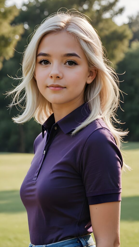 detailed and realistic photo from a young teenage girl in short-sleeved dark purple polo shirt, her high collar is fully buttoned up and the collar is firm around her neck, wearing jeans, straight long jet soft white hair, natural backdrop