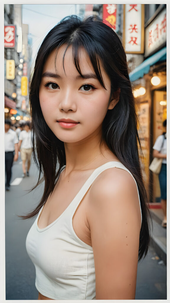 detailed and realistic portrait from the 1960s, a trendy young Japanese teen girl in Tokyo, with soft long straight black hair, wears a white super fine cropped tank top that support her body, she has a perfect curved body, immersed in the warm ambiance sharp details bring her stylish features to life, perfectly embodying the essence of urban sophistication, the composition contemplates the interplay of modern culture and personal expression, inviting viewers to revel in the captivating atmosphere of contemporary city